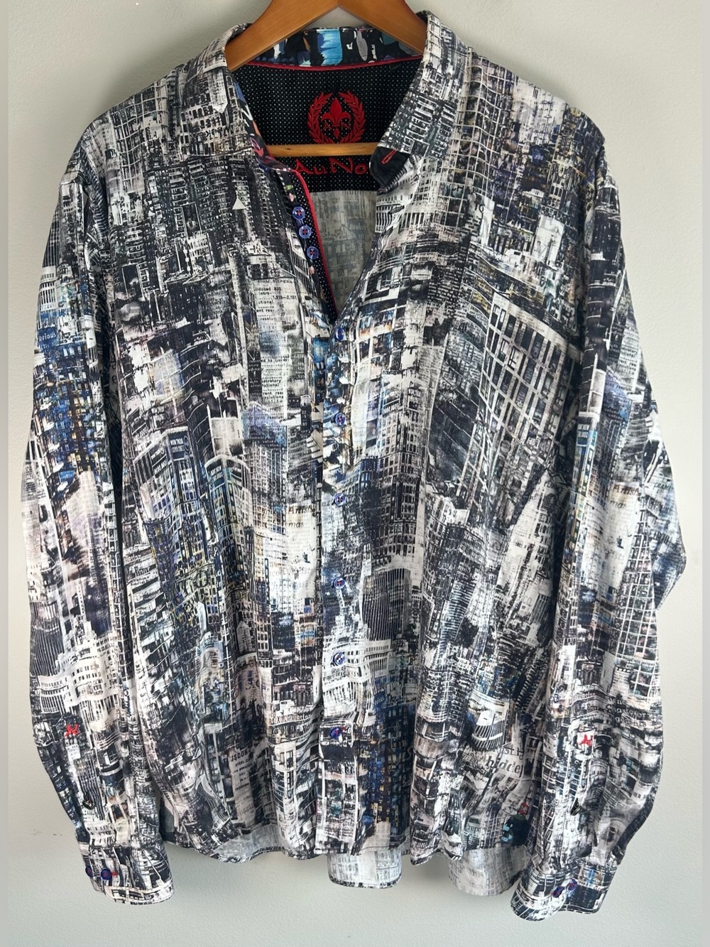 Au Noir Men’s Button Up Shirt Sz 7 Abstract City All Over Print Flip Cuff Cotton